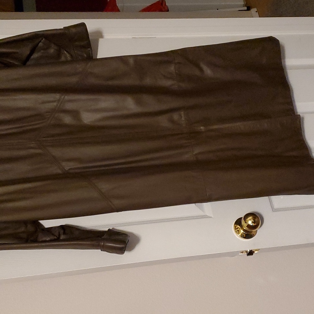 Leather genuine coat full length size Large color chocolate brown - Picture 5 of 6